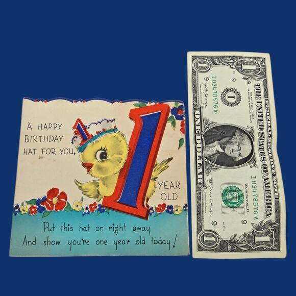 1942 Pop Up 1 year-old Birthday Hat Chick Duck Vintage Rust Craft Die-Cut Card - Picture 8 of 11